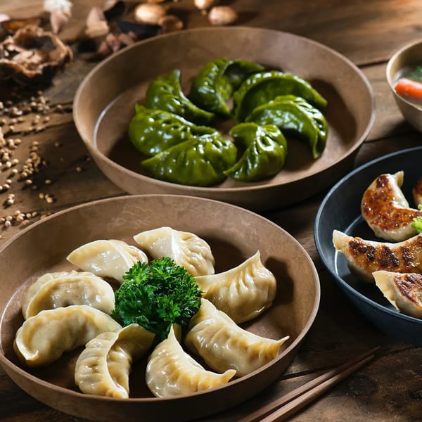 Three bowls of Himalayan Doko momos: steamed, green, and pan-fried, on a rustic wooden table.